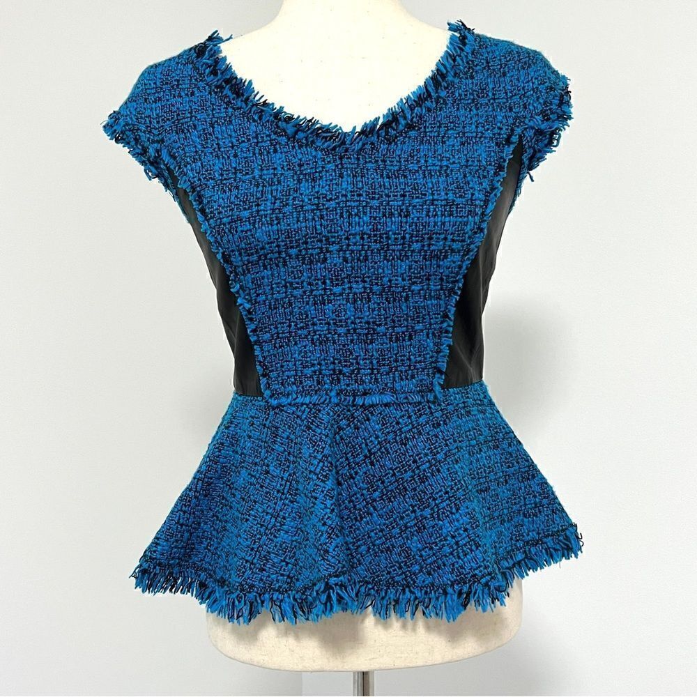 Rebecca Taylor Lamb Leather Panel Tweed Peplum Top Blouse 2 Surf Blue Black $475